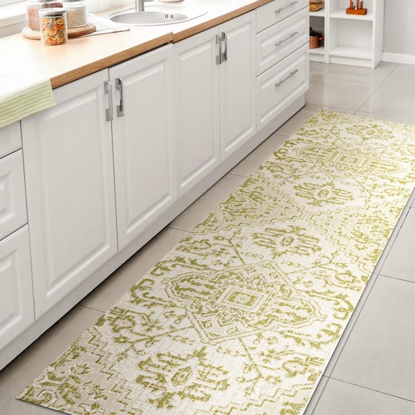 JONATHAN Y Estrella Bohemian Medallion Textured Weave Cream/Green 2 ft. x 10 ft. Indoor/Outdoor Area Rug