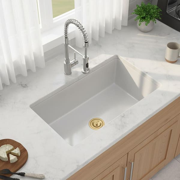 32 in. x 19 in. Undermount Single Bowl White Ceramic Kitchen Sink with Bottom Grids