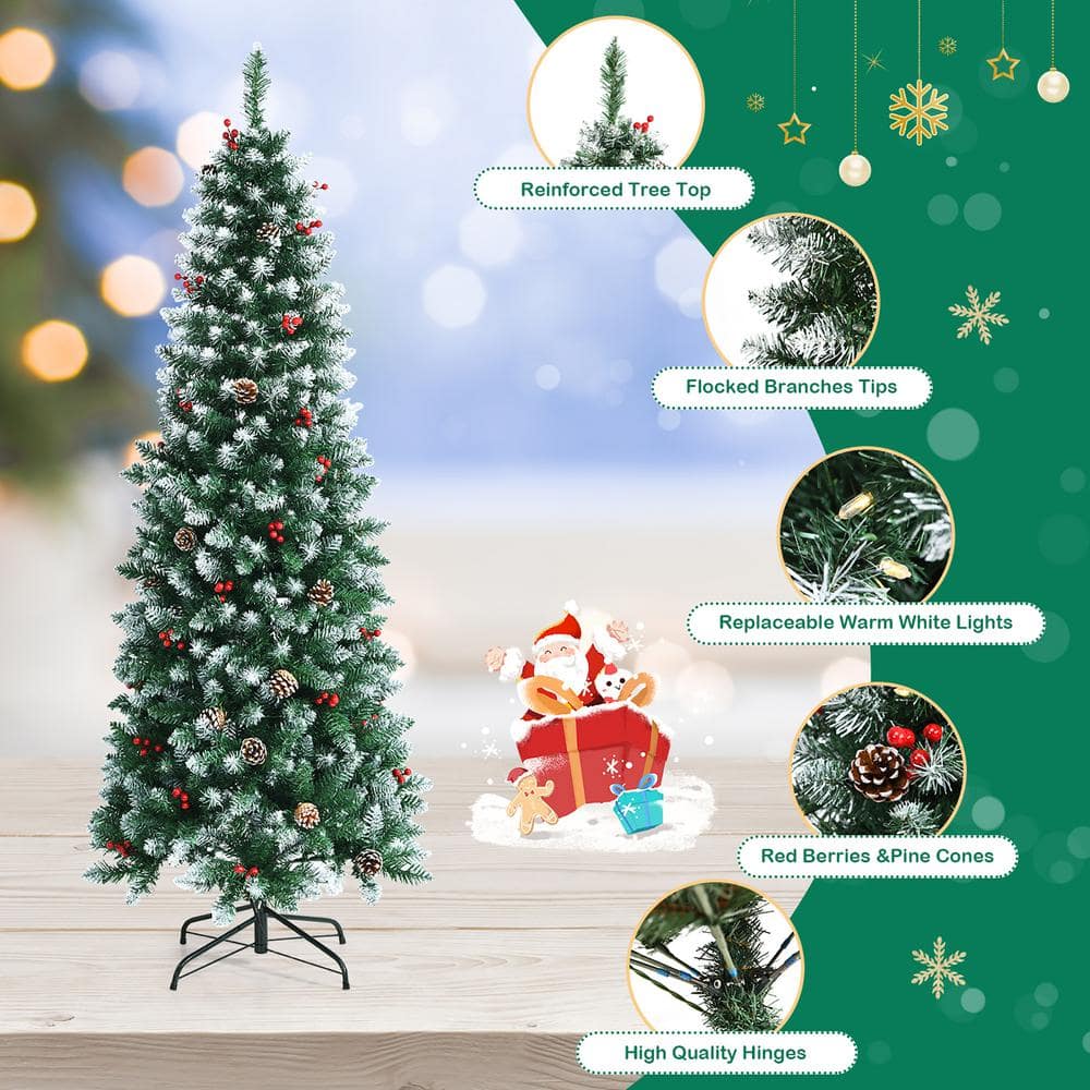 5 ft Green Pre-Lit Pencil Christmas Tree with Pine Cones and Red Berries