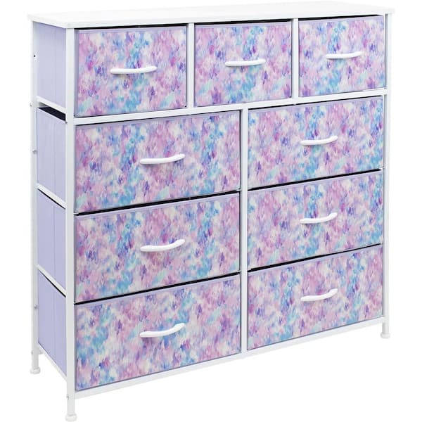 Sorbus 39.5 in. L x 11.5 in. W x 39.5 in. H 9-Drawer Blue Pink Purple Dresser with Steel Frame Wood Top Easy Pull Fabric Bins