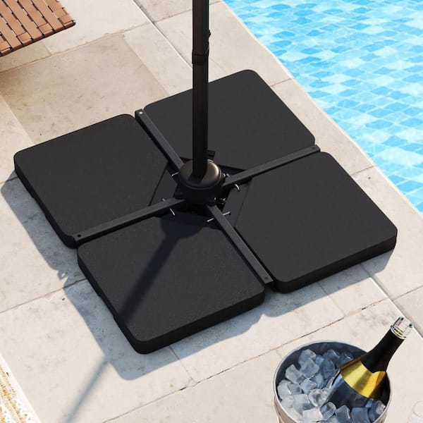 Offset Patio Umbrella Base with 4 Square HDPE Plate & 4 Connection Metal Hooks in Black