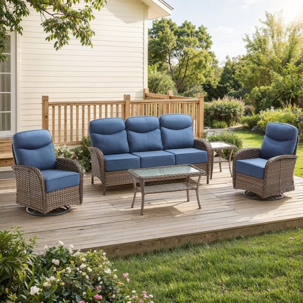 Rivieral Brown 5-Piece Wicker Patio Conversation Set with 2 Swivel Rocking Chairs, Table and 6 in. Blue Cushions