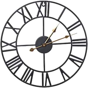 16 in. Round Black Metal Gold Hands Decorative Wall Clock Roman Numeral