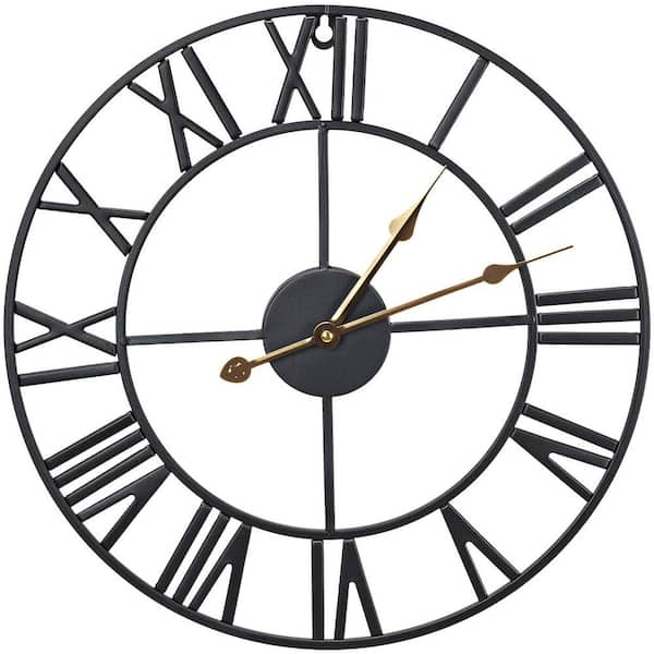 Sorbus 16 in. Round Black Metal Gold Hands Decorative Wall Clock Roman Numeral