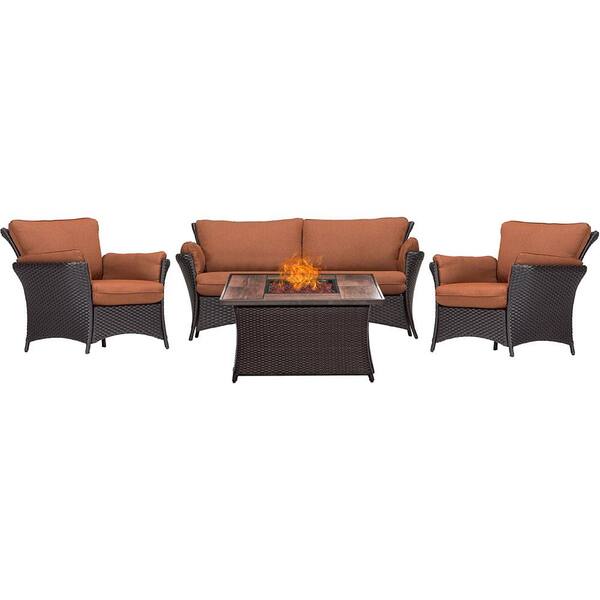 Hanover Strathmere Allure 4-Piece Wicker Patio Fire Pit Conversation Set with Wood Grain Tile Top and Woodland Rust Cushions