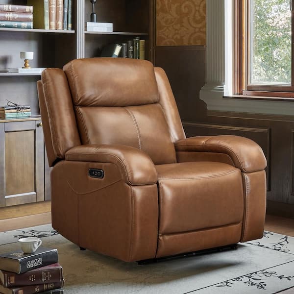 Auberon Saddle Genuine Leather Wall Hugger Oversized RV Power Recliner Chair with Adjustable Headrest and Charging Port