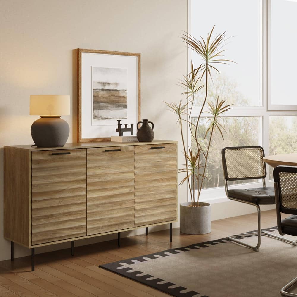 Mid-Century Modern Natural Wood and Black 55.1-Inch Sideboard Cabinet