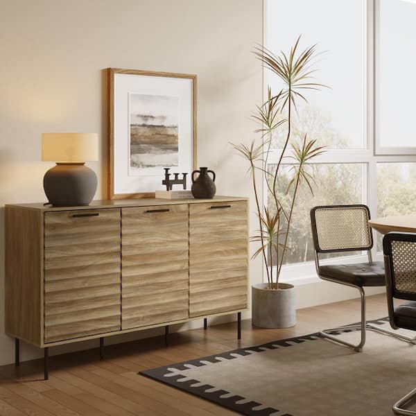 Brown and Black 33.9 in. Mid-Century Modern Wave 3-Door Kitchen Sideboard Cabinet with Metal Legs