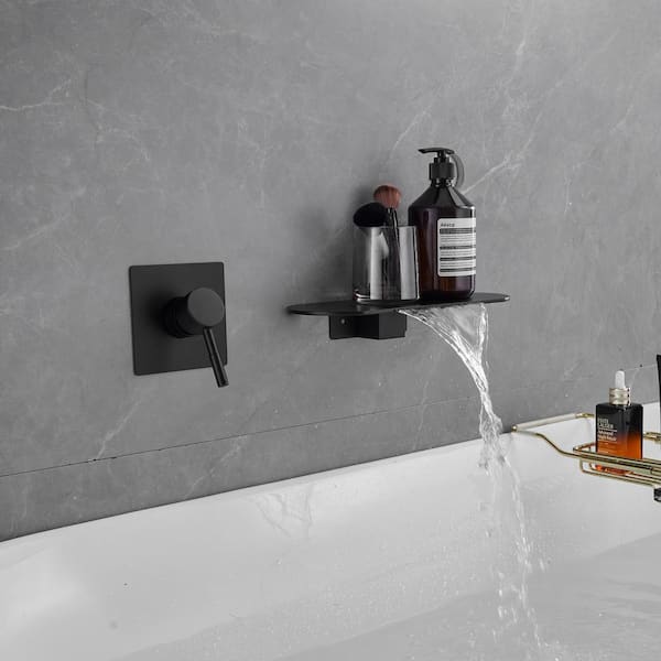 1-Handle Wall Mount Roman Tub Faucet with Waterfall Spout in Matte Black