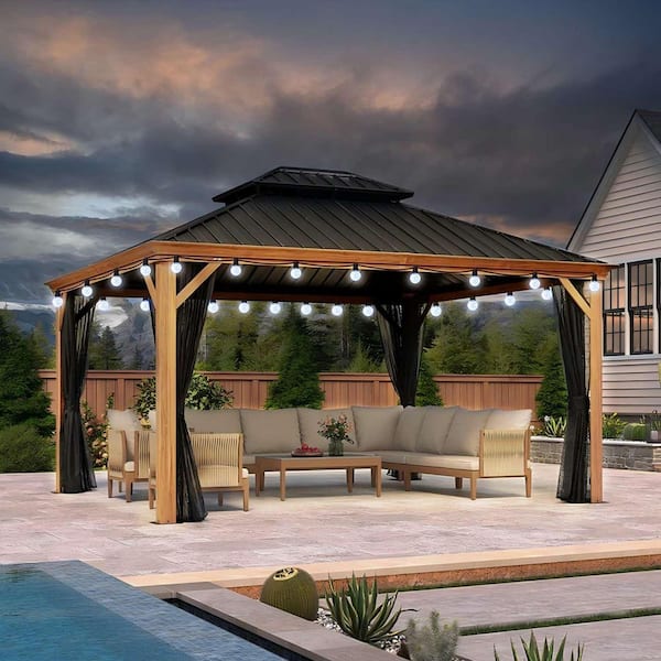 12 ft. x 14 ft.Wood Grain Patio Outdoor Gazebo for Backyard Hardtop Aluminum Frame with Hooks, Upgrade Netting 24-Lights