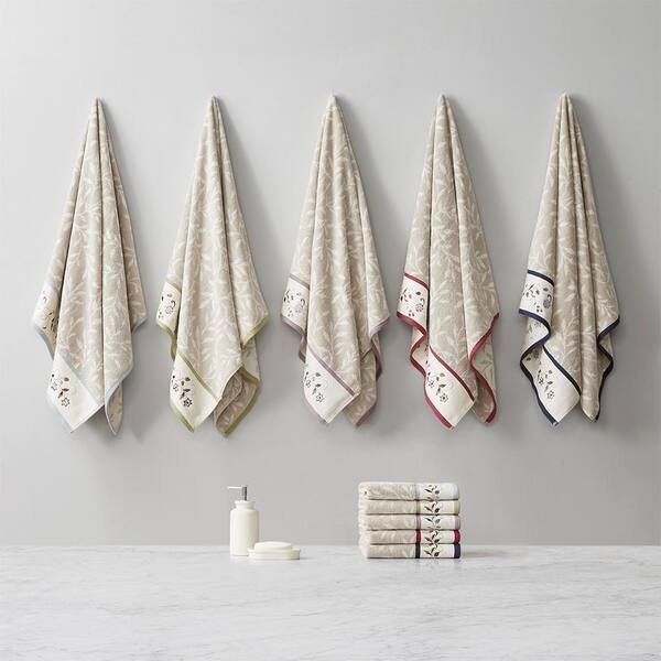 6-Piece Navy Embroidered Jacquard 100% Cotton Bath Towel Set, Oeko