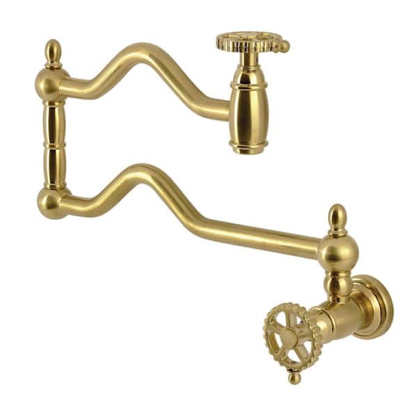 Vanbus Brass Pot Filler Faucet In Brushed Gold – Foldable Over-Stove Double-Joint Swing Arm, 3.2 GPM Wall Mount, Commercial Style With Dual-Leak-Free Cartridges
