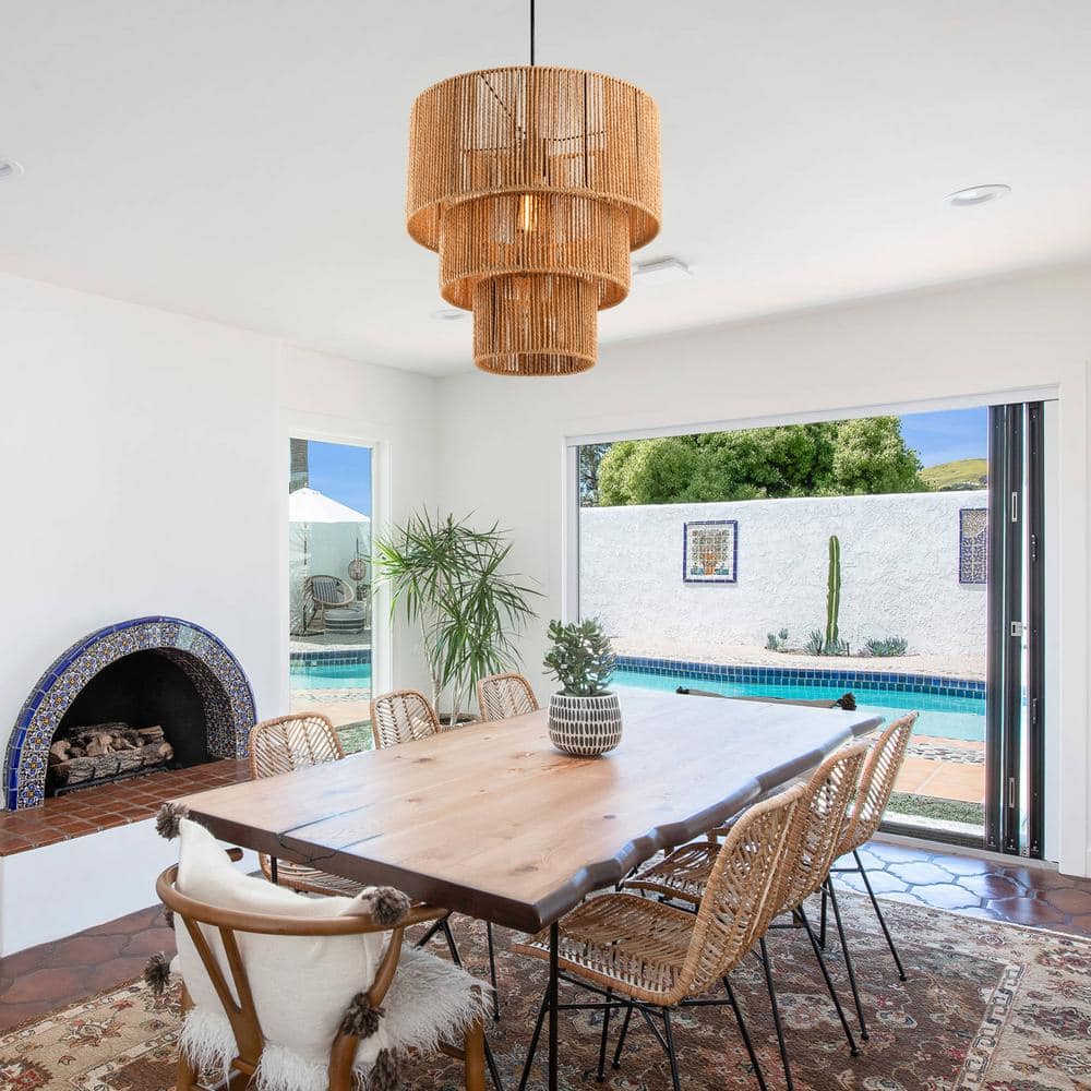 Three-Tiered Natural Jute Rope Drum Chandelier