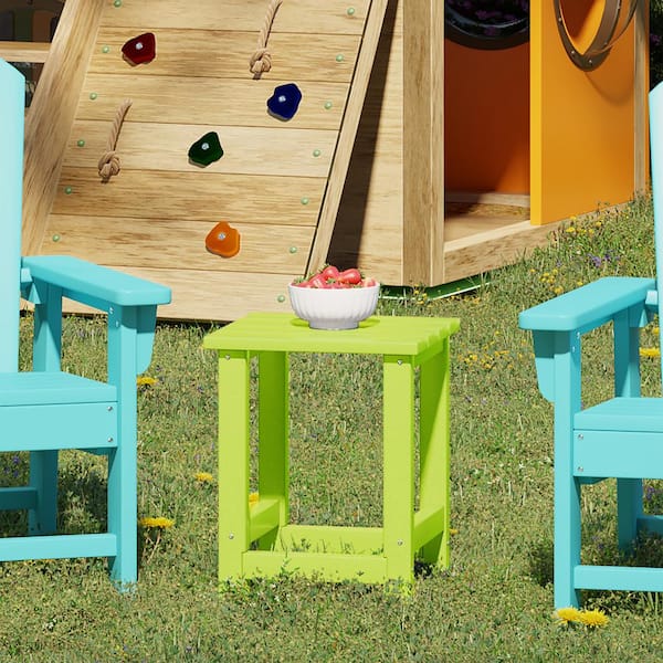 Children's Laguna Outdoor Patio All Weather Fade Resistant Kids Poly Plastic Adirondack Square Side Table in Lime