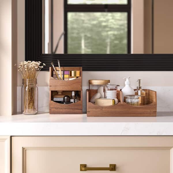 3-Piece Stackable Acacia Wood Bin Storage Organizers Set, Brown