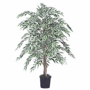 4 ft. Green Artificial Variegated Smilax Leaf Tree in Black Plastic Pot