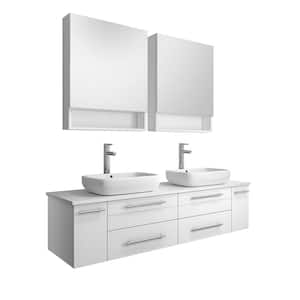 Lucera 60 in. W Wall Hung Vanity in White with Quartz Stone Vanity Top in White with White Basins and Medicine Cabinet