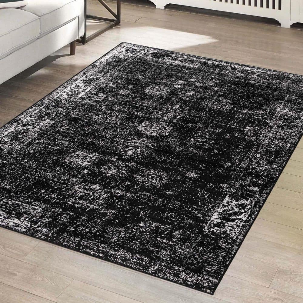 Black and Gray Floral Motif Low Pile Area Rug