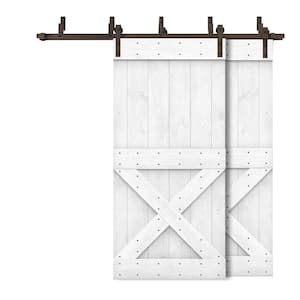 76 in. x 84 in. Mini X Bar Bypass White Stained Solid Pine Wood Interior Double Sliding Barn Door with Hardware Kit