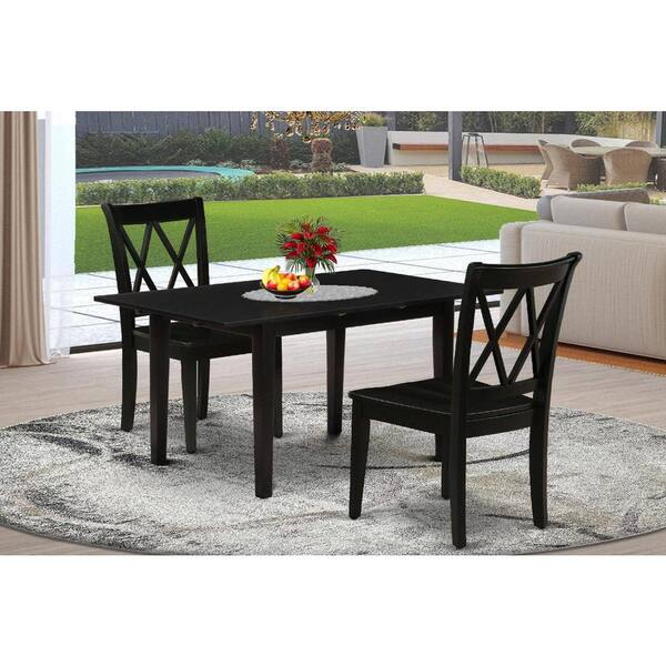 East West Furniture 3 Piece Black Finish Rectangular Solid Wood Top with Butterfly Leaf Dining Table Set NOCL3 BLK W 440 HD