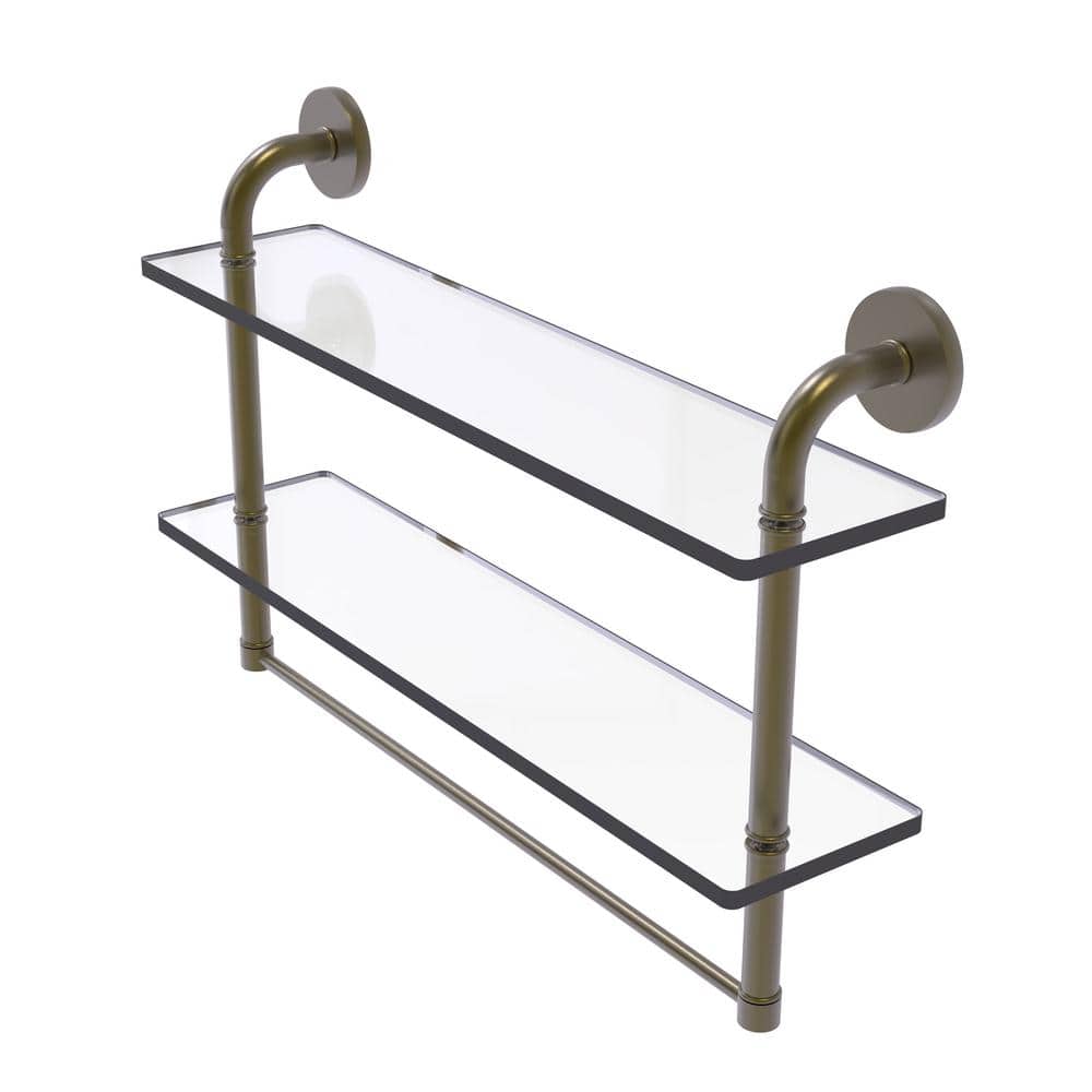 Antique Brass 22" Two-Tier Glass Wall Shelf with Towel Bar