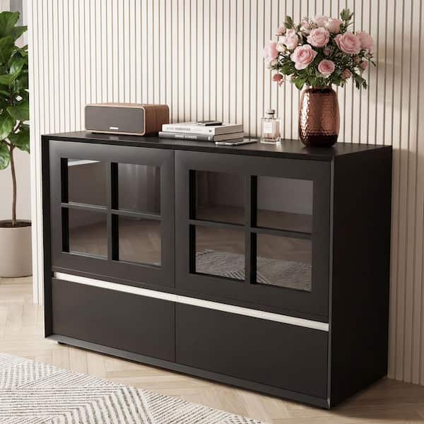 47.04 in. Black Wood Buffet with Acrylic Doors and 2 Drawers Modern Kitchen Storage Console Table
