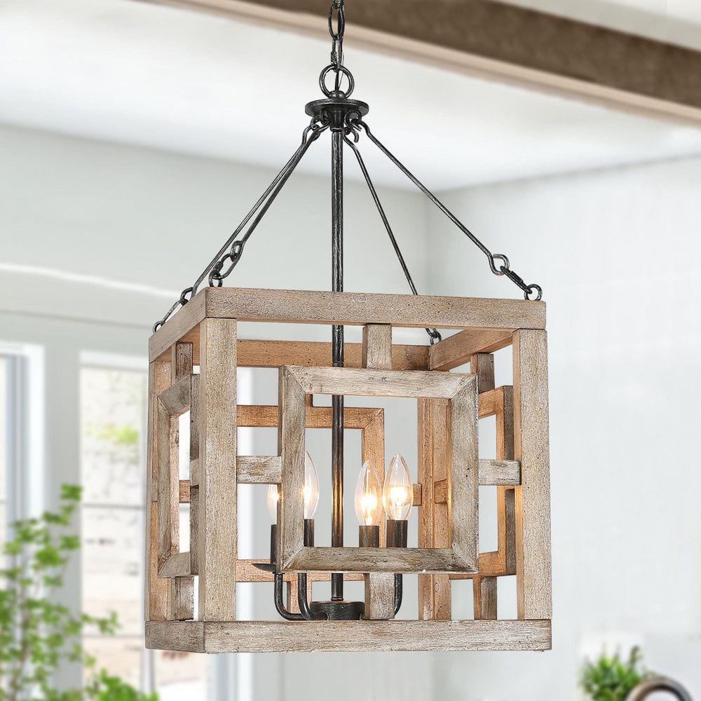 LNC Farmhouse 13.5 in. 4-Light Brown Cage Chandelier Solid Wood