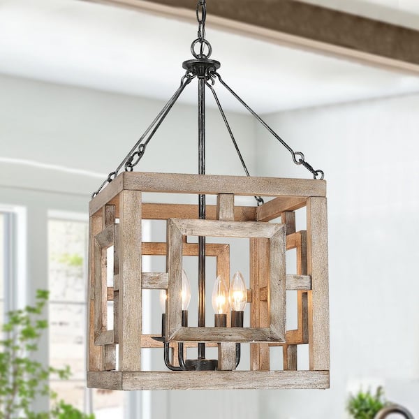 LNC Farmhouse 13.5 in. 4-Light Brown Cage Chandelier Solid Wood Lighting Kitchen Island Ceiling Light with Square Frame