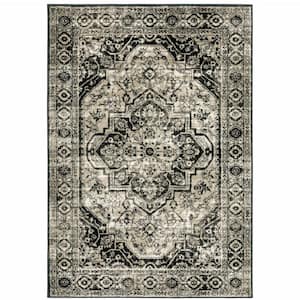 4' X 6' Black Grey Tan And Ivory Oriental Power Loom Stain Resistant Area Rug
