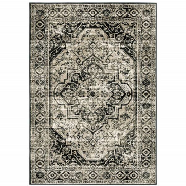 HomeRoots 4' X 6' Black Grey Tan And Ivory Oriental Power Loom Stain