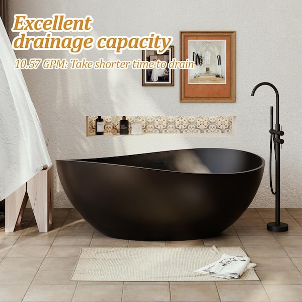 63 in. x 37 in. Stone Resin Solid Surface Non-Slip Freestanding Soaking  Bathtub with Brass Drain and Hose in Matte Black