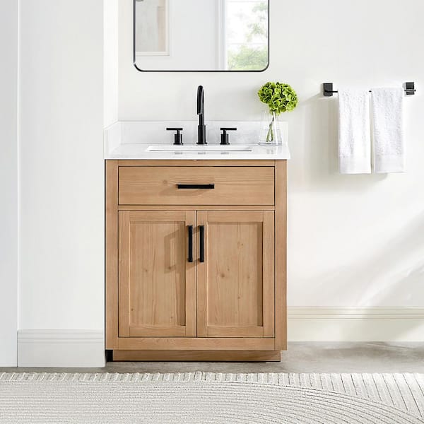 Gavino 30 in. W x 22 in. D x 34 in. H Bath Vanity in Light Brown with Grain White Engineered Stone Top