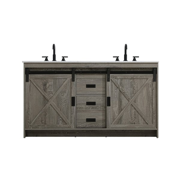60 in. Double Sink Rustic Grey Bath Vanity with White Engineered Marble Top