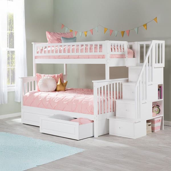 Columbia Staircase Bunk Bed Twin over Full with 2 Raised Panel Bed Drawers in White