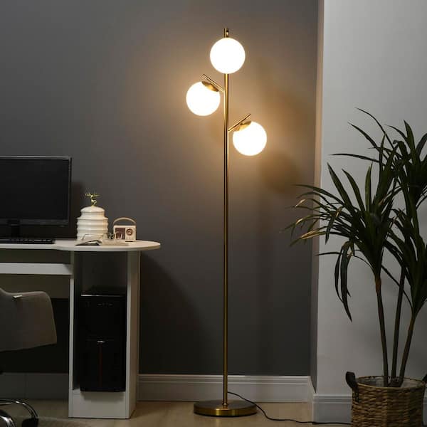 Lasaideal Asom 66.5 in. Gold 3-Light Standard Floor Lamp with Globe Glass Shades