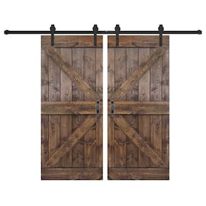 K Series 76 in. x 84 in. Dark Wlnut Finished DIY Solid Wood Double Sliding Barn Door with Hardware Kit