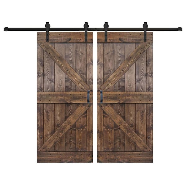 ISLIFE K Series 76 in. x 84 in. Dark Wlnut Finished DIY Solid Wood Double Sliding Barn Door with Hardware Kit