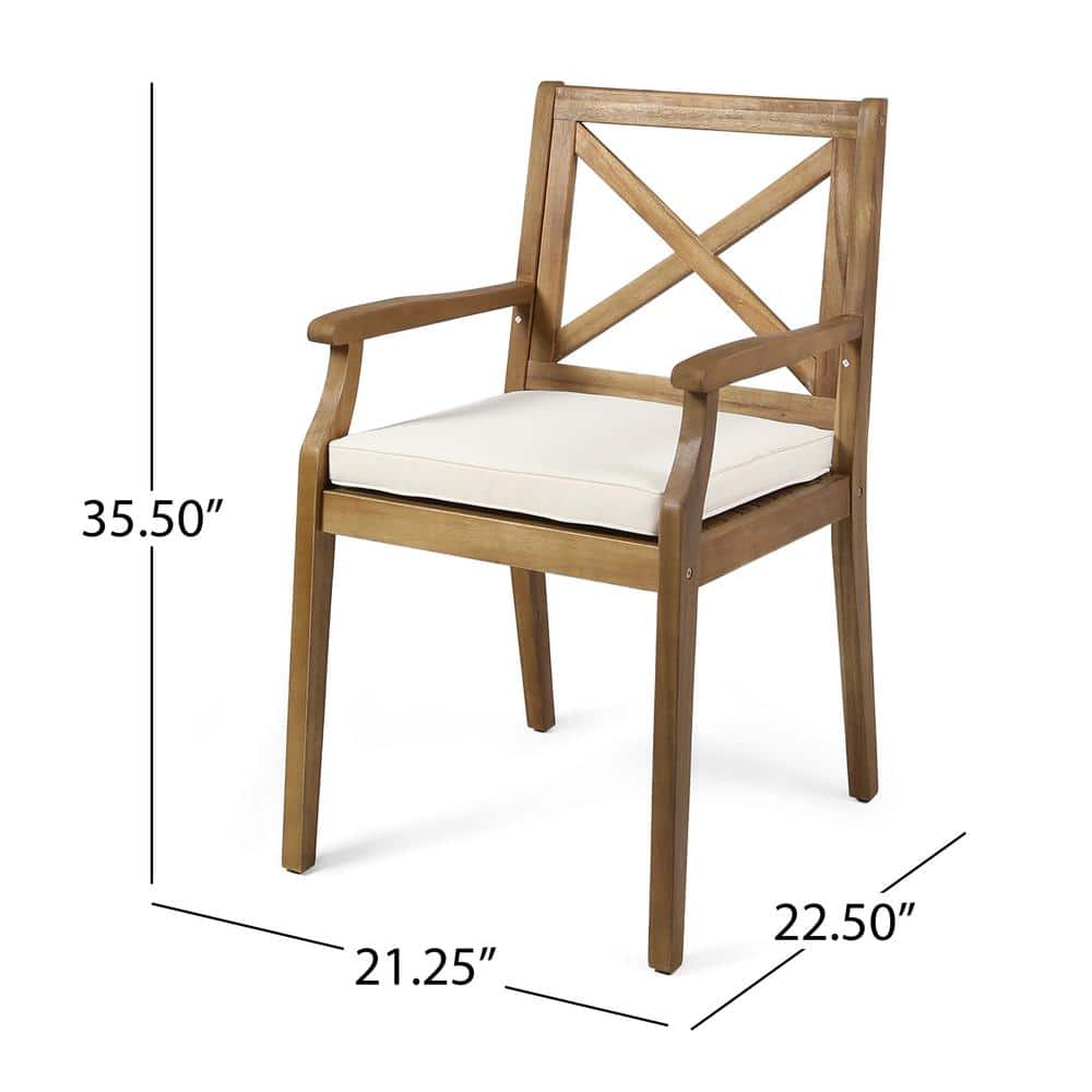 Teak Brown Wooden Dining Arm Chair with Cream Cushions