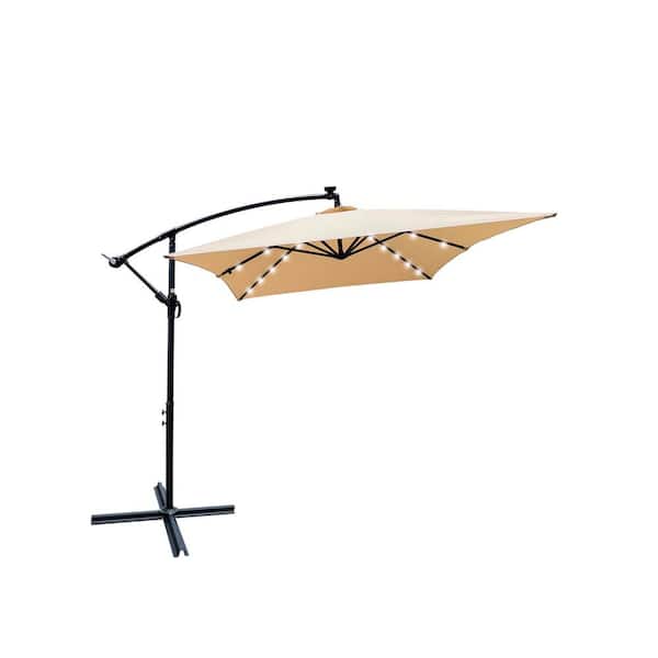 Sudzendf 10 ft. x 6.5 ft. Market Solar Powered LED Lighted Patio Umbrella in Tan with 8 Ribs, Crank, and Cross Base