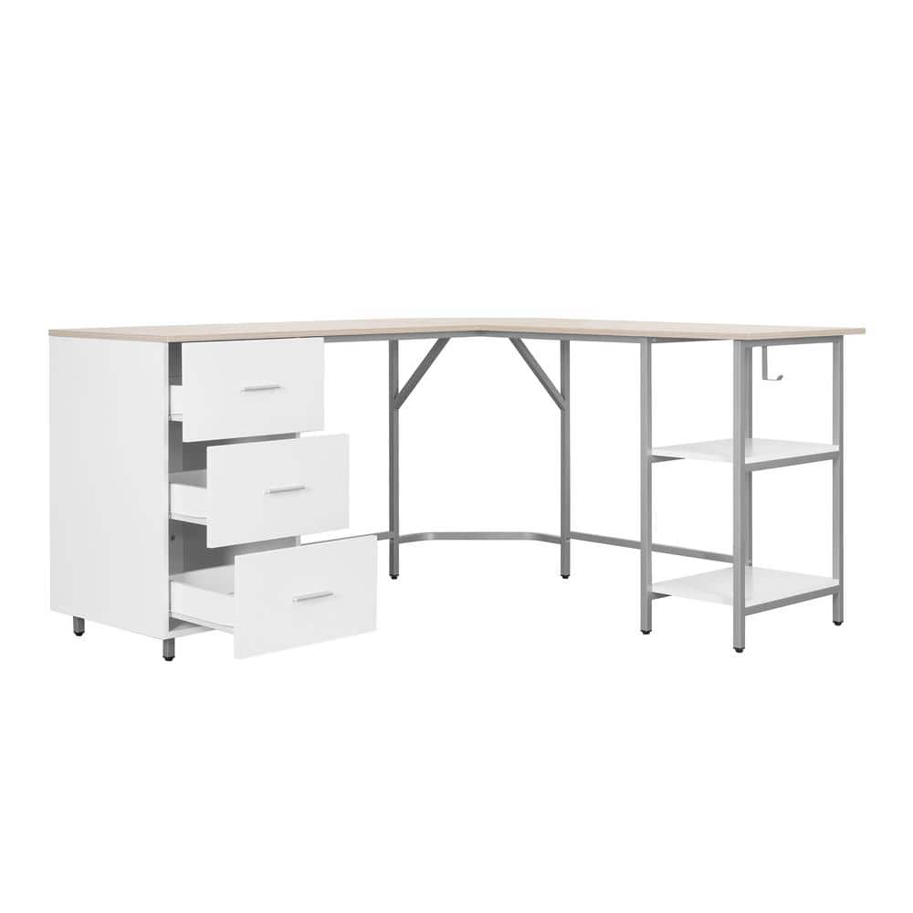 Sand Wood L-Shape Gaming Computer Desk with Drawer