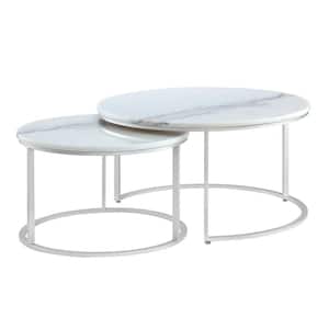 31 in. White Round Marble Coffee Table with Storage