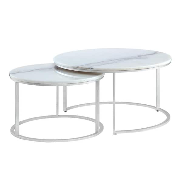 HomeRoots 31 in. White Round Marble Coffee Table with Storage