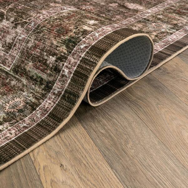 Vintage Floral Chestnut Brown Machine Washable Non-Slip Backing 2 ft. x 12 ft. Brown Area Rug