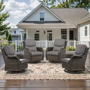 Crescent Brown Wicker PE Rattan Outdoor Swivel Rocker Patio Chairs with Olefin Gray Cushions (4-Pack)