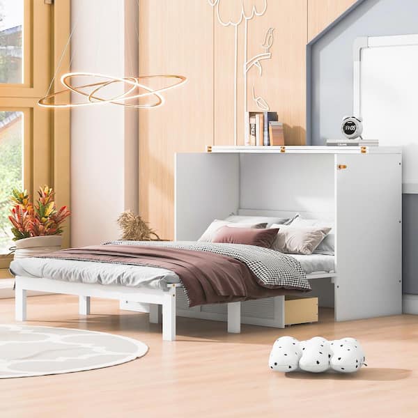 Harper & Bright Designs White Wood Frame Full Murphy Bed with Spacious Drawer, USB Charging Station