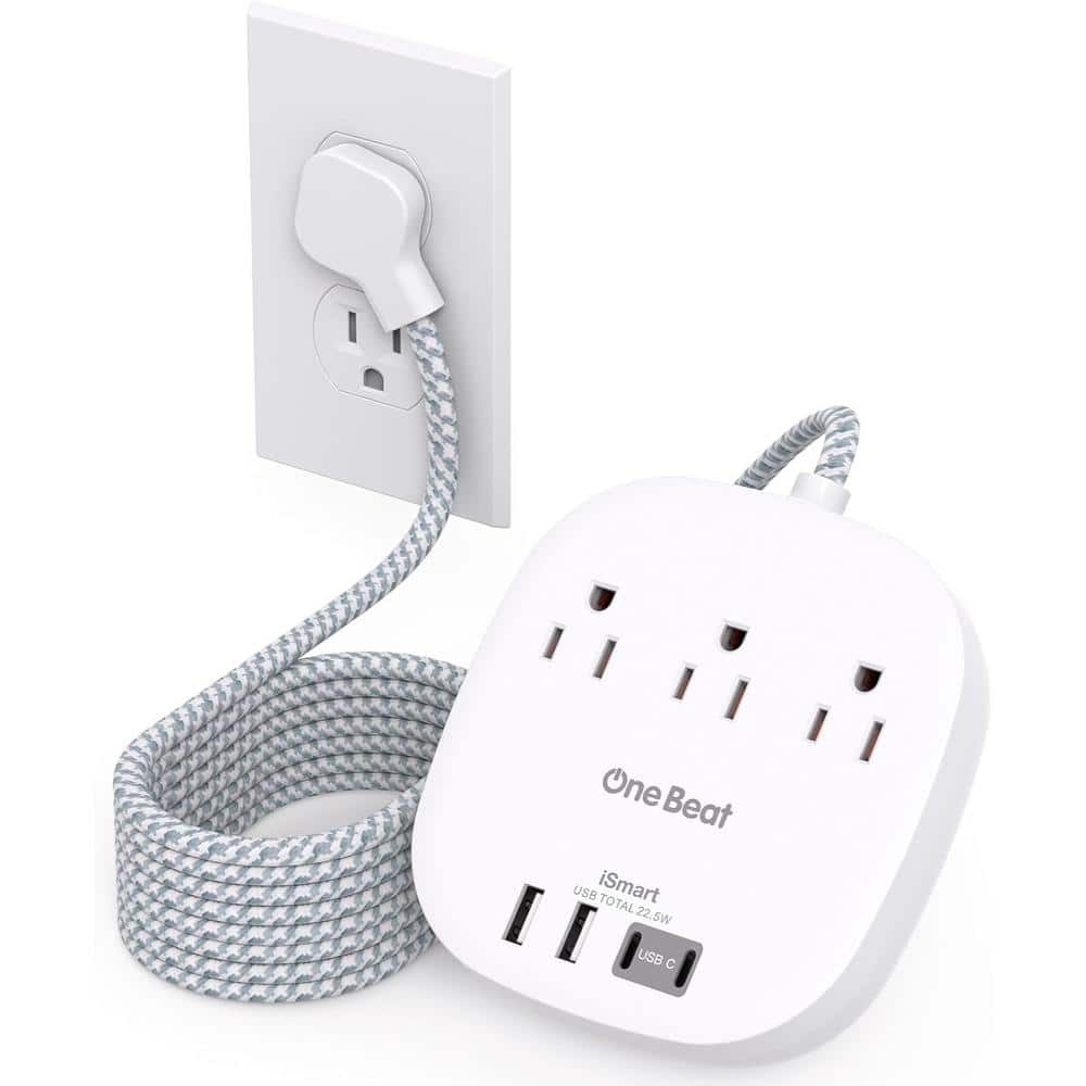 15 ft. Flat Plug Power Strip Ultra Thin Long Extension Cord 3 Outlet 4 USB 