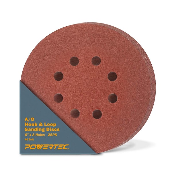 ‎POWERTEC 6 in. 40-Grit Aluminum Oxide Hook and Loop 8-Hole Disc (25-Pack)