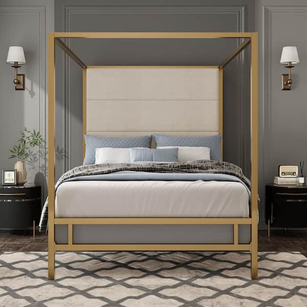 Gold/Tan Wood Frame King Canopy Bed with Tall Linen Upholstered Headboard, Metal 4-Poster Bed Frame