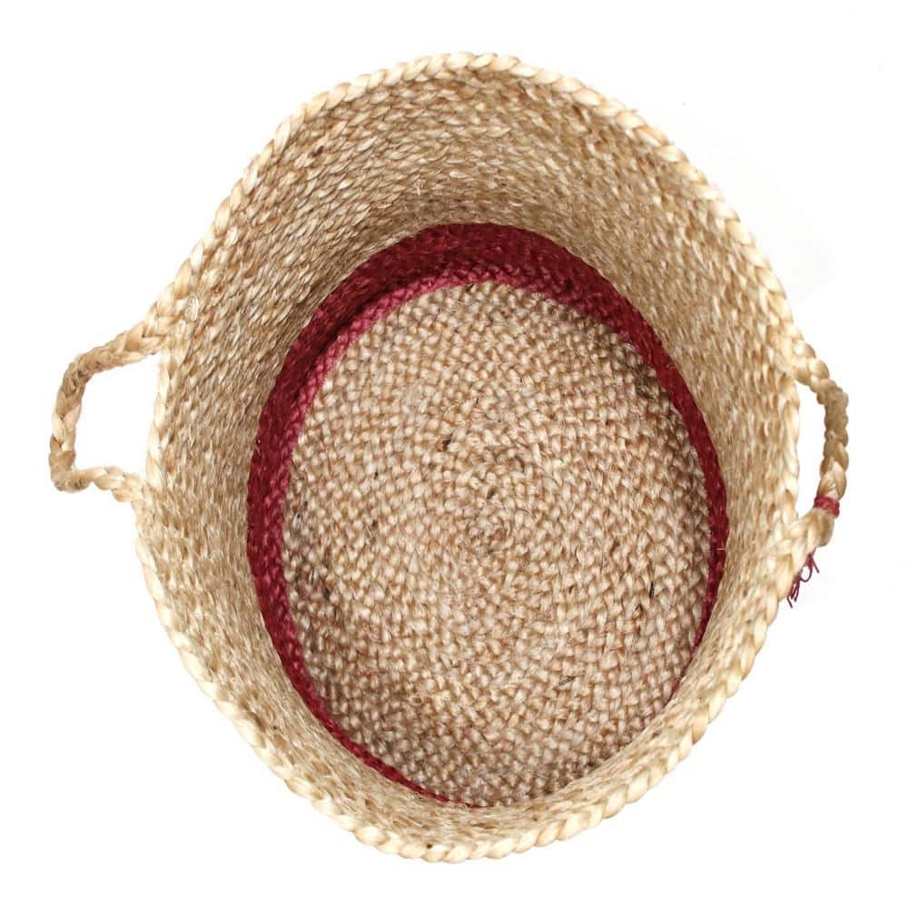 Handwoven Round Tan and Cranberry Red Jute Storage Basket