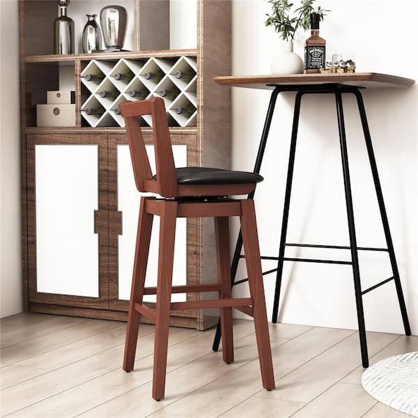 26 in. Walnut Low Back Wood Swivel Bar Stool Counter Stool with PU Leather Cushion (Set of 1)